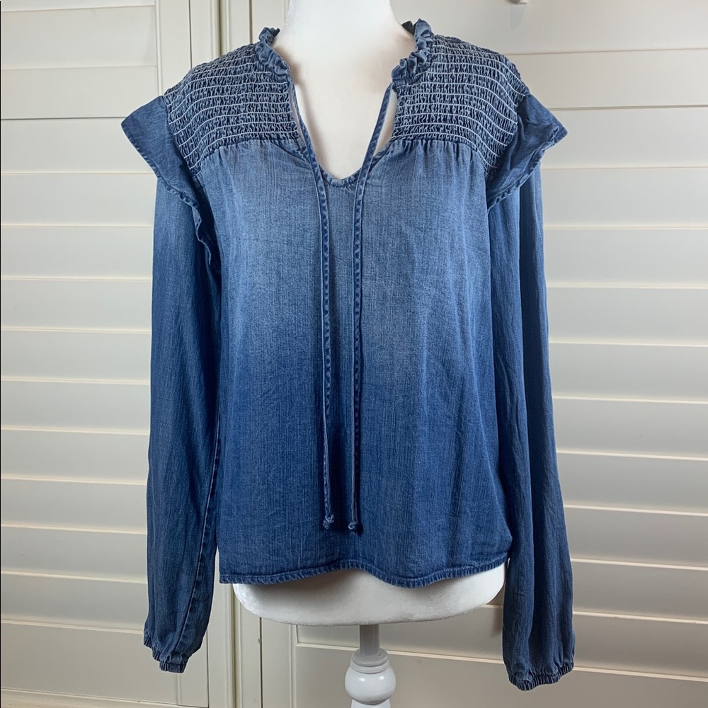 Cloth & Stone Womens Blouse Top Small Tencel‎ Denim Peasant Smocked Long Sleeve